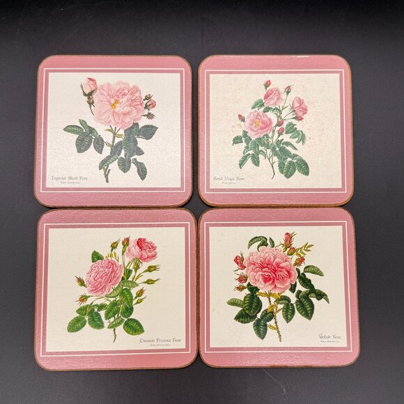 Vintage Royal Table Set of 4 Pink and Green Floral Cork Coasters Made in England - Picture 6 of 8